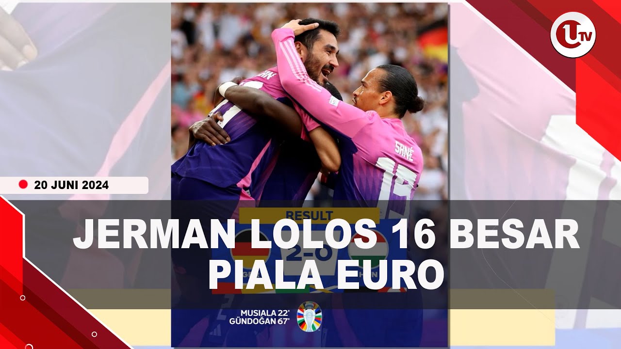 Timnas Jerman dipastikan melaju ke babak 16 besar Piala Euro 2024, setelah berhasil menang atas Hungaria dengan skor 2-0, dalam pertandingan kedua di babak penyisihan Grup A,